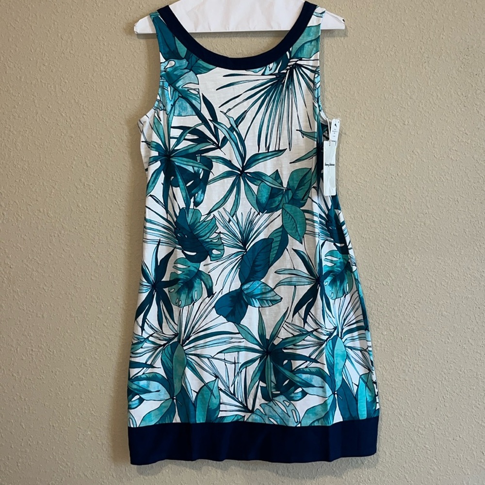 Tommy Bahama Teal and Navy Tropical Leaf Midi Dress